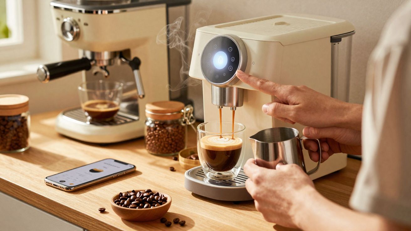 Pessoa preparando café em máquina automática sobre bancada com grãos e celular ao lado.
