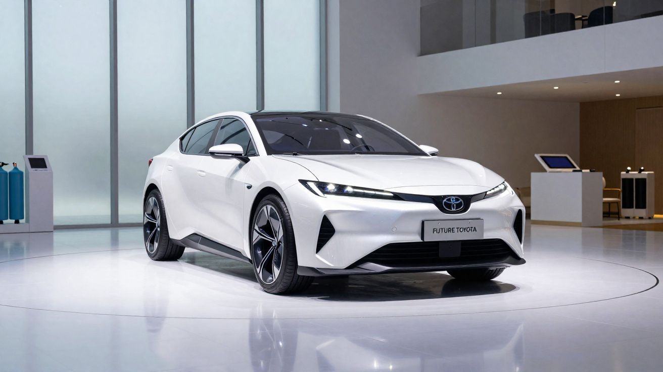 Carro elétrico branco futurista Toyota em exposição interna com iluminação moderna e ambiente minimalista.