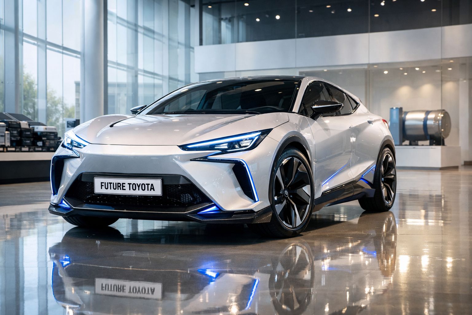 Carro conceito elétrico branco Future Toyota exposto em showroom moderno com piso brilhante.