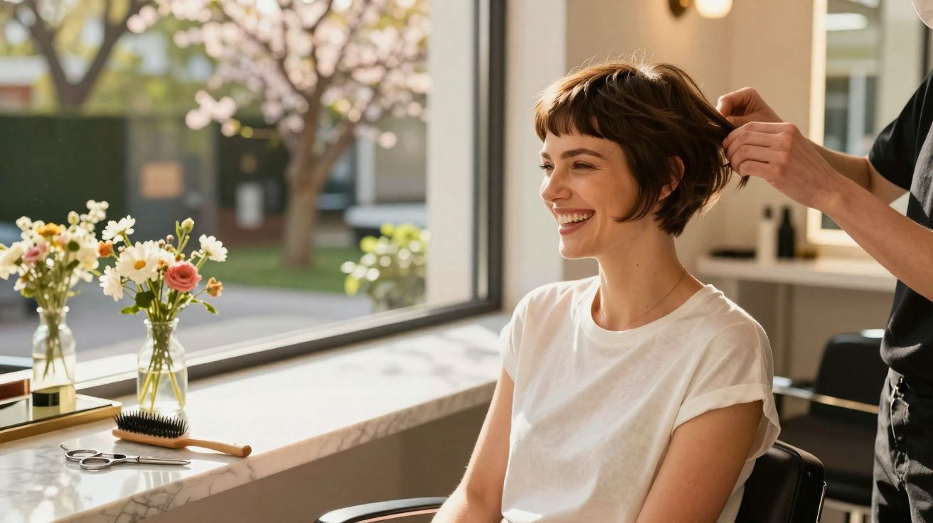 Mulher sorrindo no salão de beleza enquanto cabeleireiro corta seu cabelo curto e castanho.