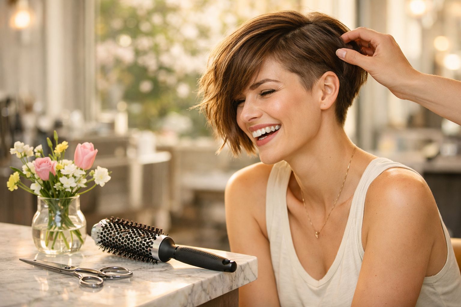 Mulher sorrindo enquanto cabeleireiro arruma seu cabelo curto em salão iluminado.