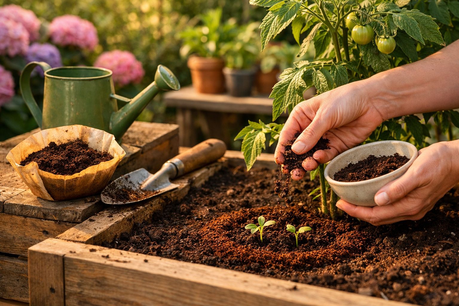 Mãos semeando mudas em canteiro de madeira em jardim com regador, pá e plantas ao fundo.