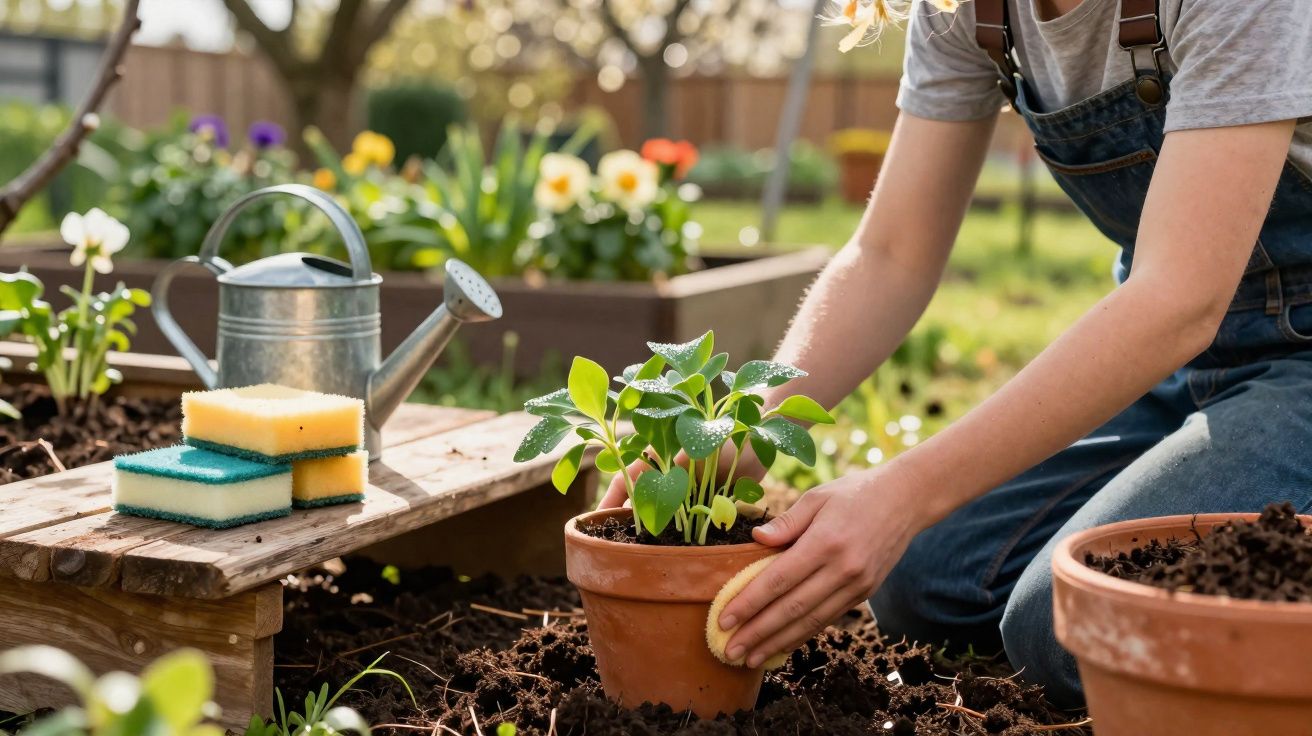 Pessoa limpando vaso de planta em jardim com regador e esponjas ao lado em dia ensolarado.