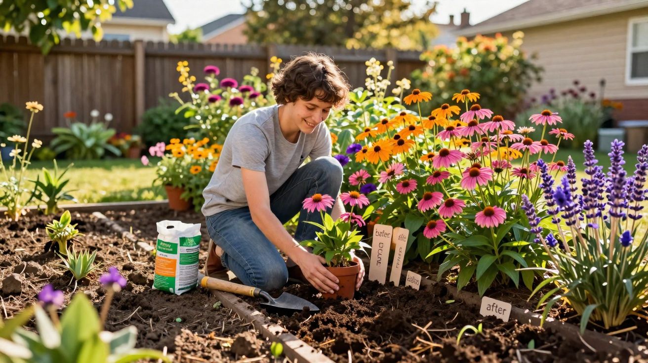 Pessoa sorridente plantando flores coloridas em jardim ensolarado de quintal residencial.