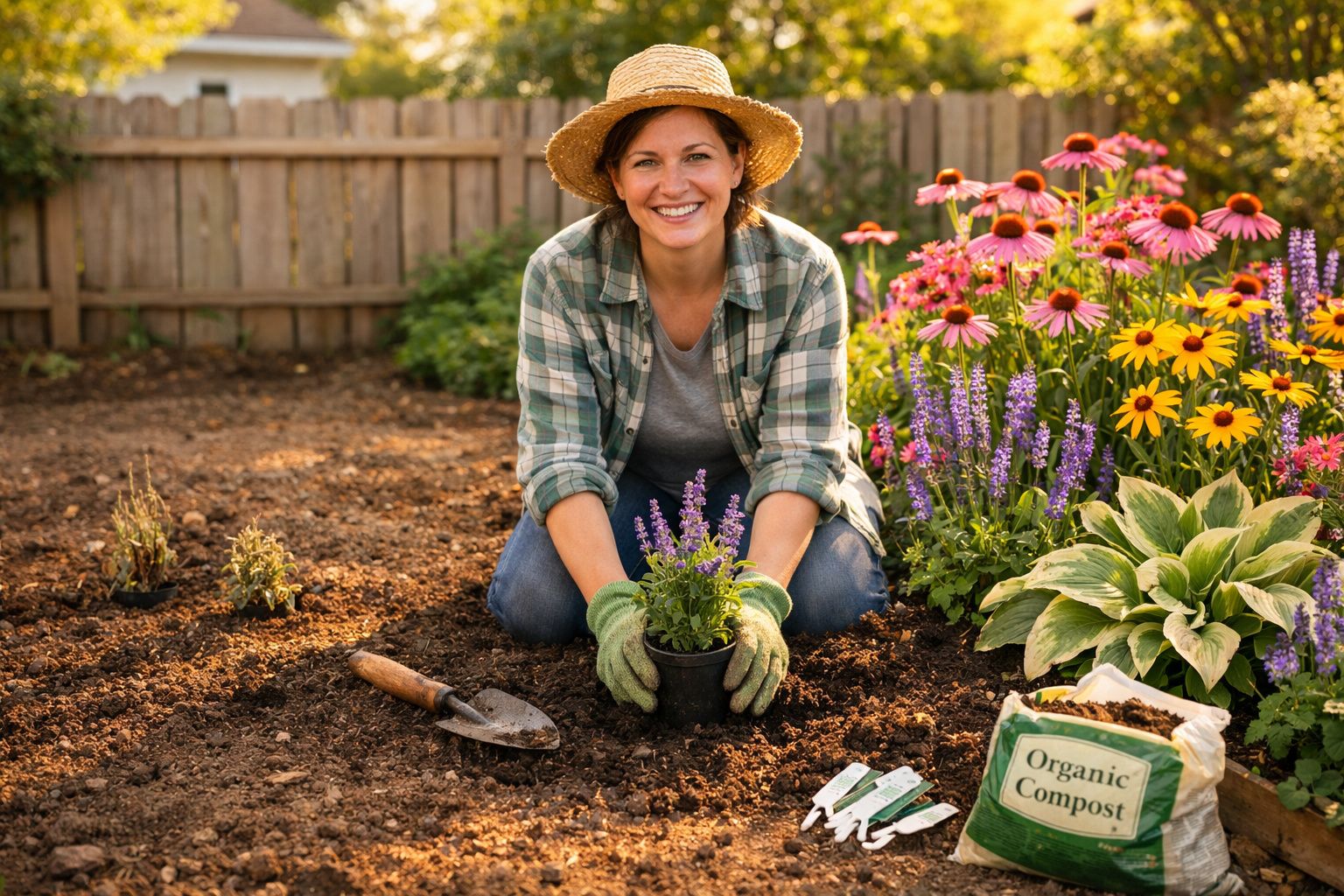 Mulher sorridente com chapéu plantando flores em jardim com luvas e ferramentas de jardinagem.