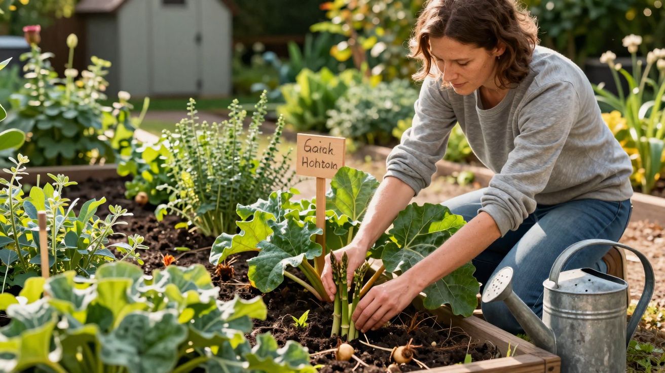 Mulher cuidando de plantas e regando hortaliças em canteiro elevado em jardim.
