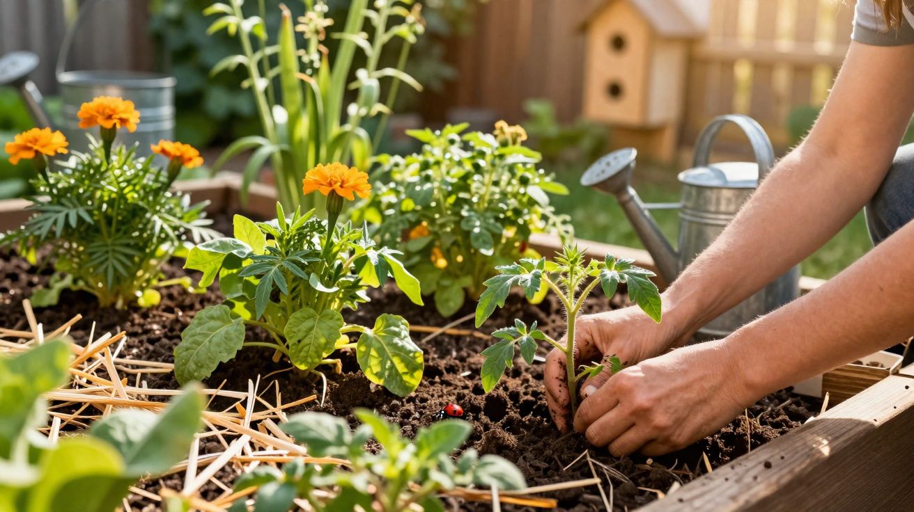 Pessoa plantando muda em canteiro com flores amarelas e regador ao fundo em jardim ensolarado.