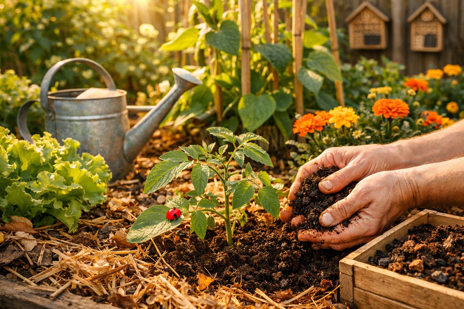 Mãos cuidando do solo em canteiro com planta jovem, regador de metal e flores ao fundo em jardim.