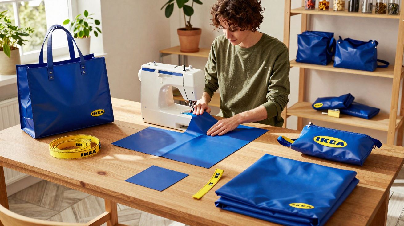 Pessoa usando máquina de costura para criar bolsas e acessórios azuis da IKEA sobre mesa de madeira.