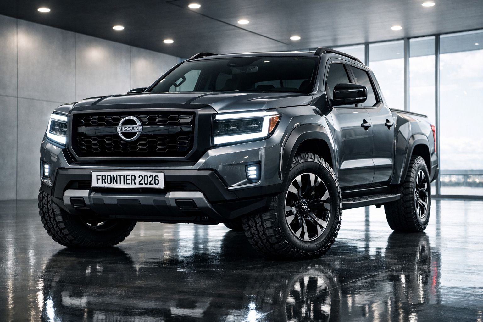 Picape Nissan Frontier 2026 cinza com faróis acesos em ambiente interno moderno.