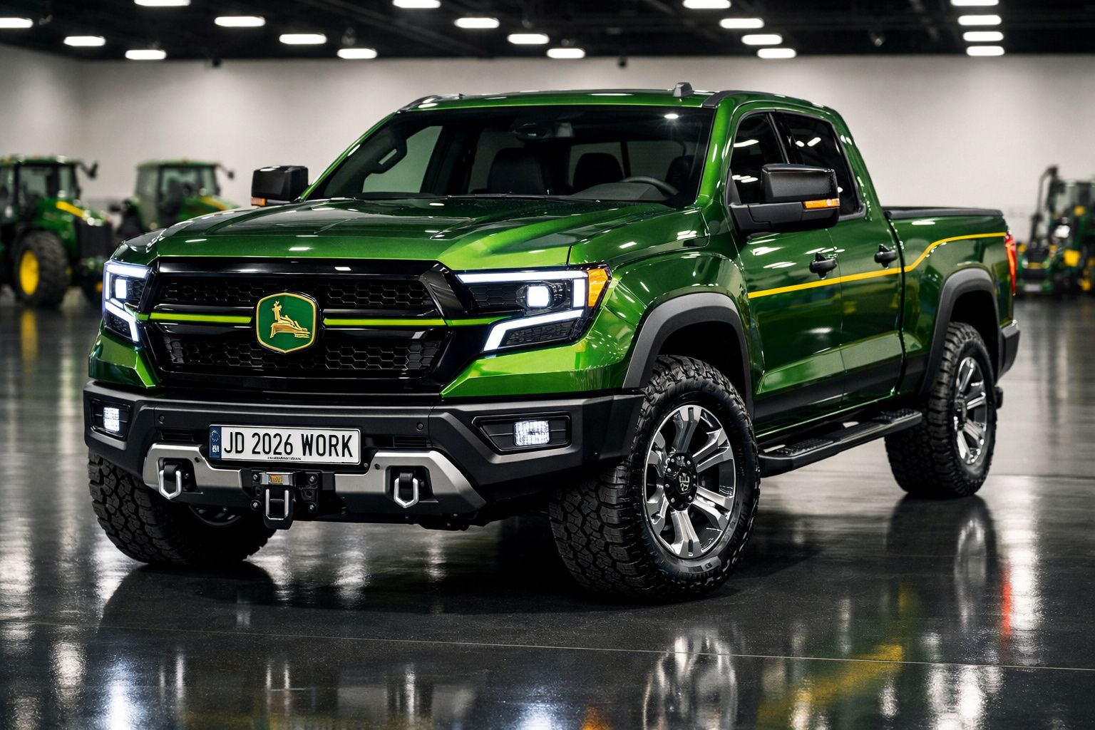 Picape verde John Deere JD 2026 Work estacionada em piso interno refletivo com tratores ao fundo.