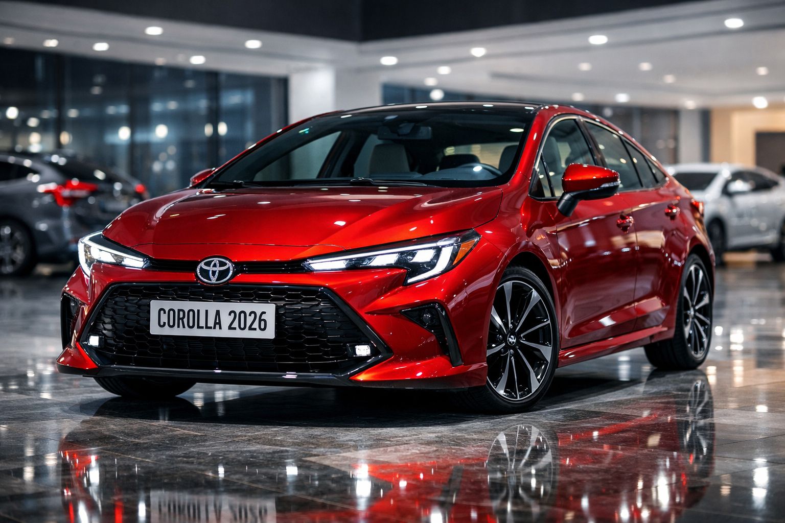 Carro sedan vermelho Toyota Corolla 2026 em showroom moderno com piso refletivo e luzes brancas.