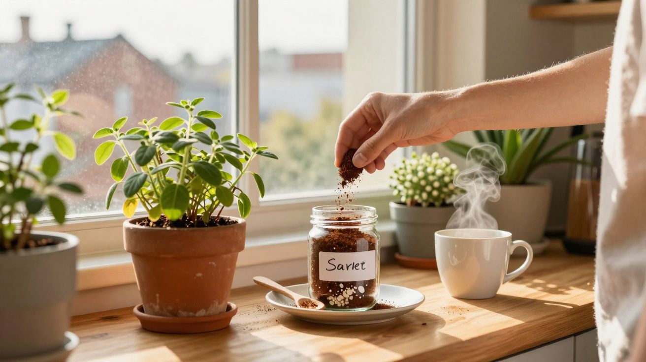 Mão adiciona café em pó de vidro rotulado "Sarlet" em xícara branca, planta em vaso na janela ao fundo.