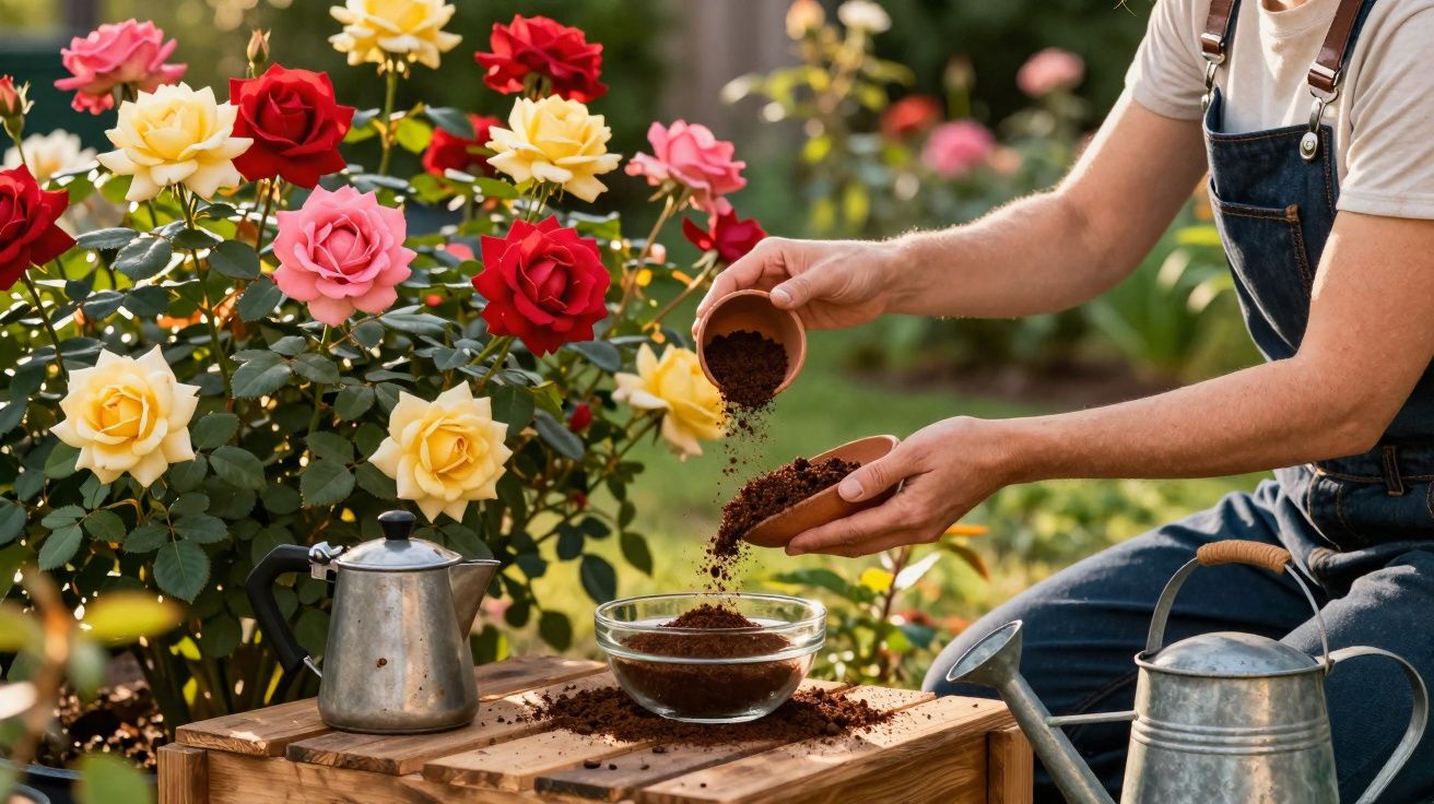 Pessoa preparando terra para plantio ao lado de flores de rosas vermelhas, amarelas e rosas no jardim.