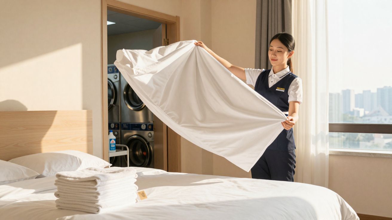 Mulher vestindo uniforme arruma lençol branco em cama de hotel com janela ampla ao fundo.