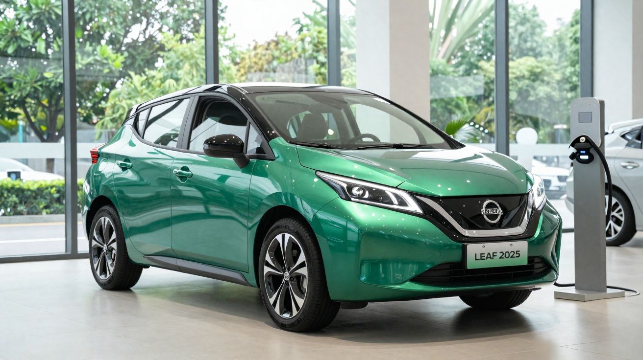 Carro elétrico verde Nissan Leaf 2025 estacionado ao lado de estação de recarga em showroom.