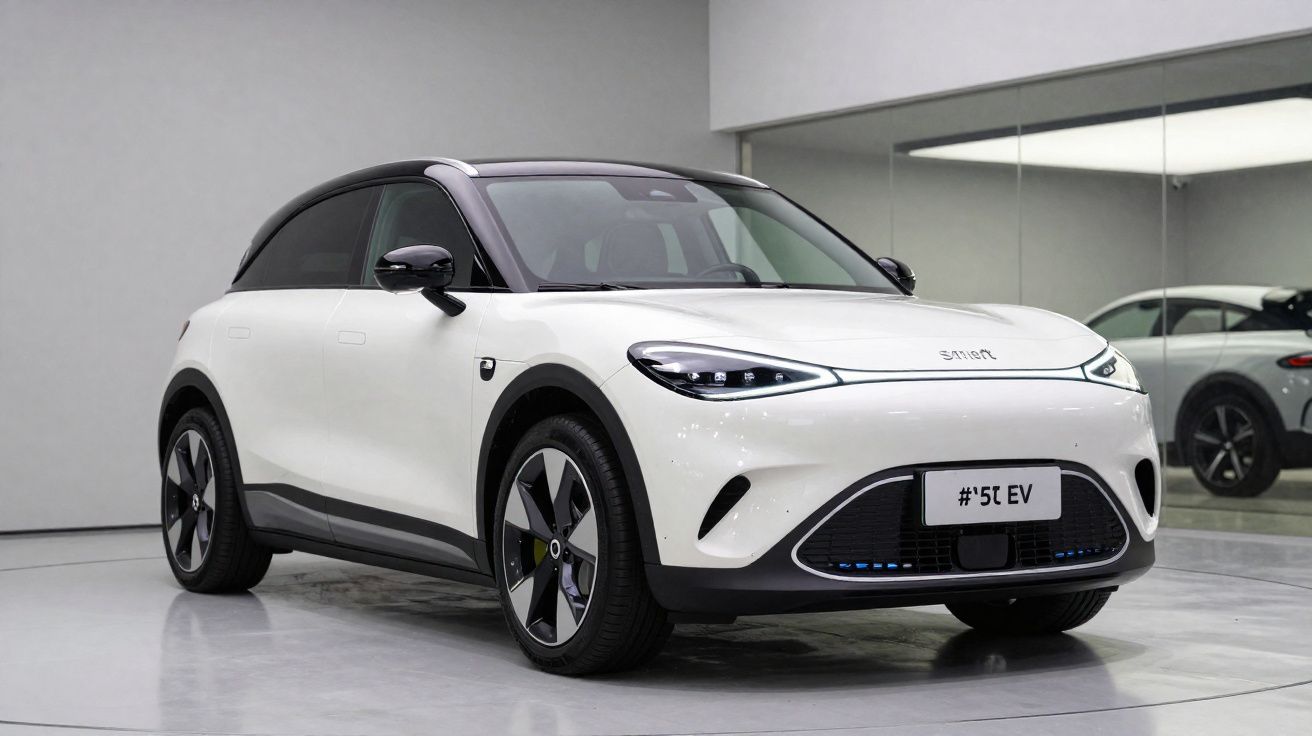 Carro elétrico compacto branco com teto preto exibido em ambiente interno moderno com espelho na parede.