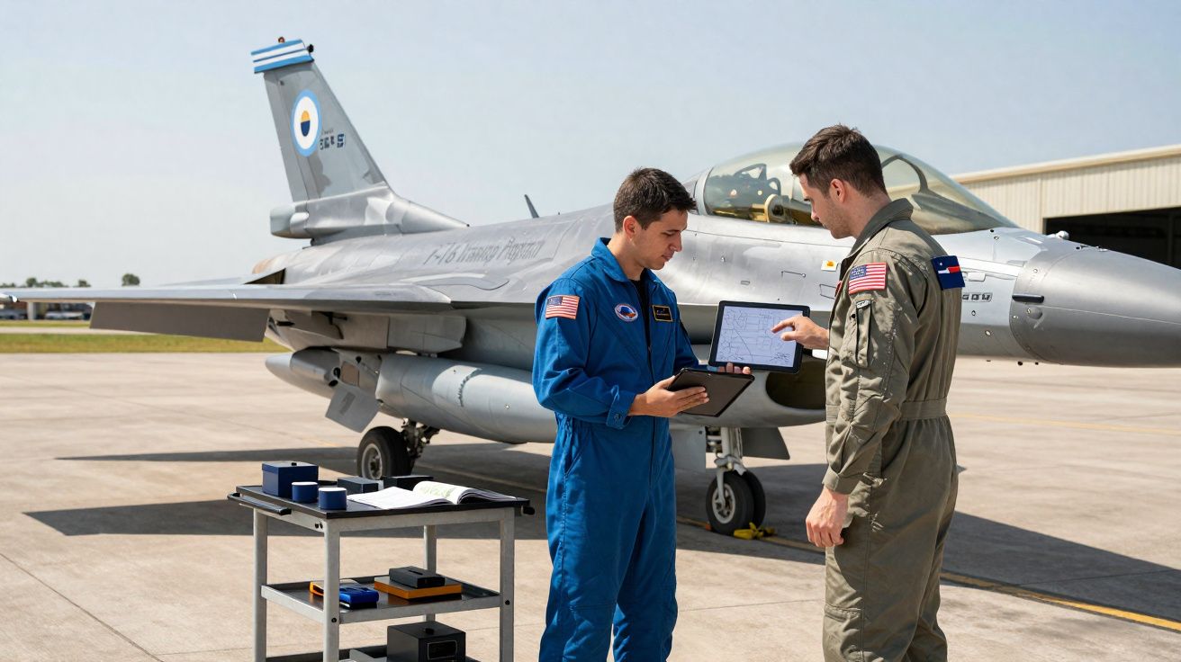 Dois militares analisam informações em tablets próximo a um caça estacionado em base aérea durante o dia.