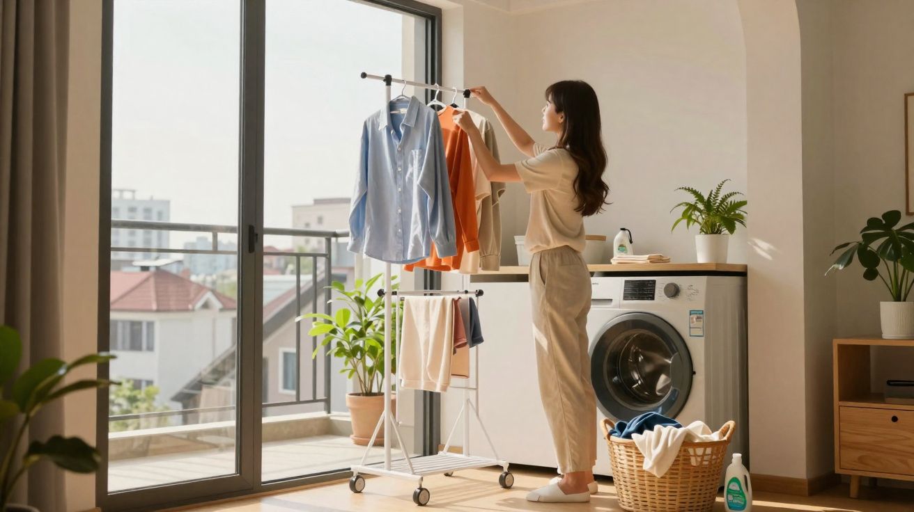 Mulher pendurando roupas para secar dentro de lavanderia iluminada com varanda ao fundo.