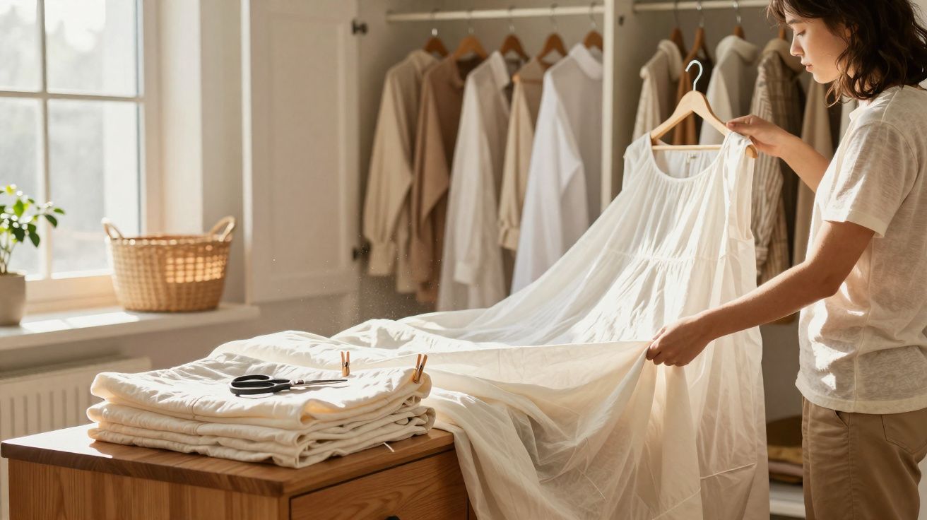 Pessoa segurando vestido branco em ambiente claro com roupas penduradas em cabides ao fundo.