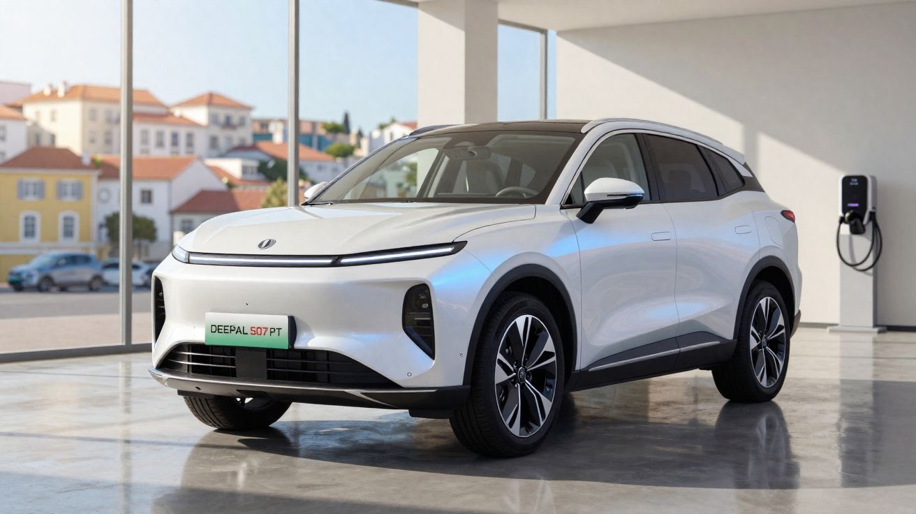 SUV elétrico branco estacionado em ambiente interno com estação de carregamento ao fundo.