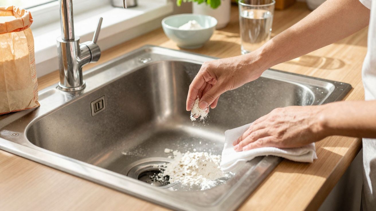 Mãos limpando farinha acumulada na pia de cozinha com pano branco sobre bancada de madeira.