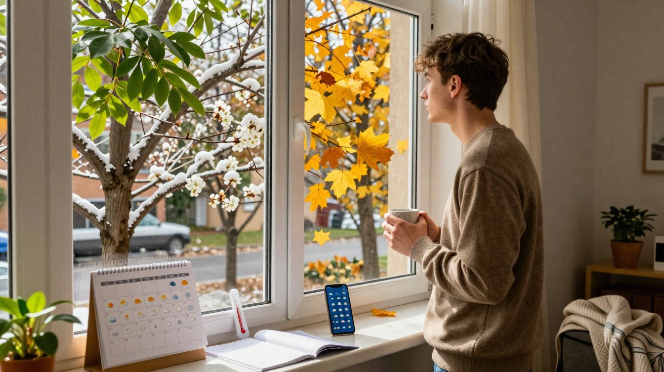 Homem olhando pela janela segurando caneca com árvores de outono e neve do lado de fora.