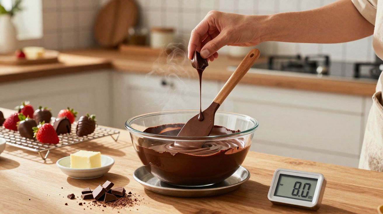 Pessoa mergulhando morango no chocolate derretido em uma tigela de vidro na cozinha.