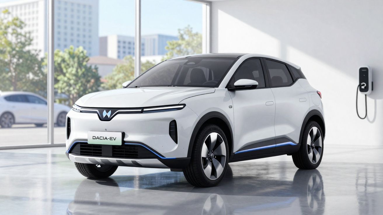 Carro elétrico branco Dacia EV estacionado em ambiente moderno com estação de carregamento na parede.