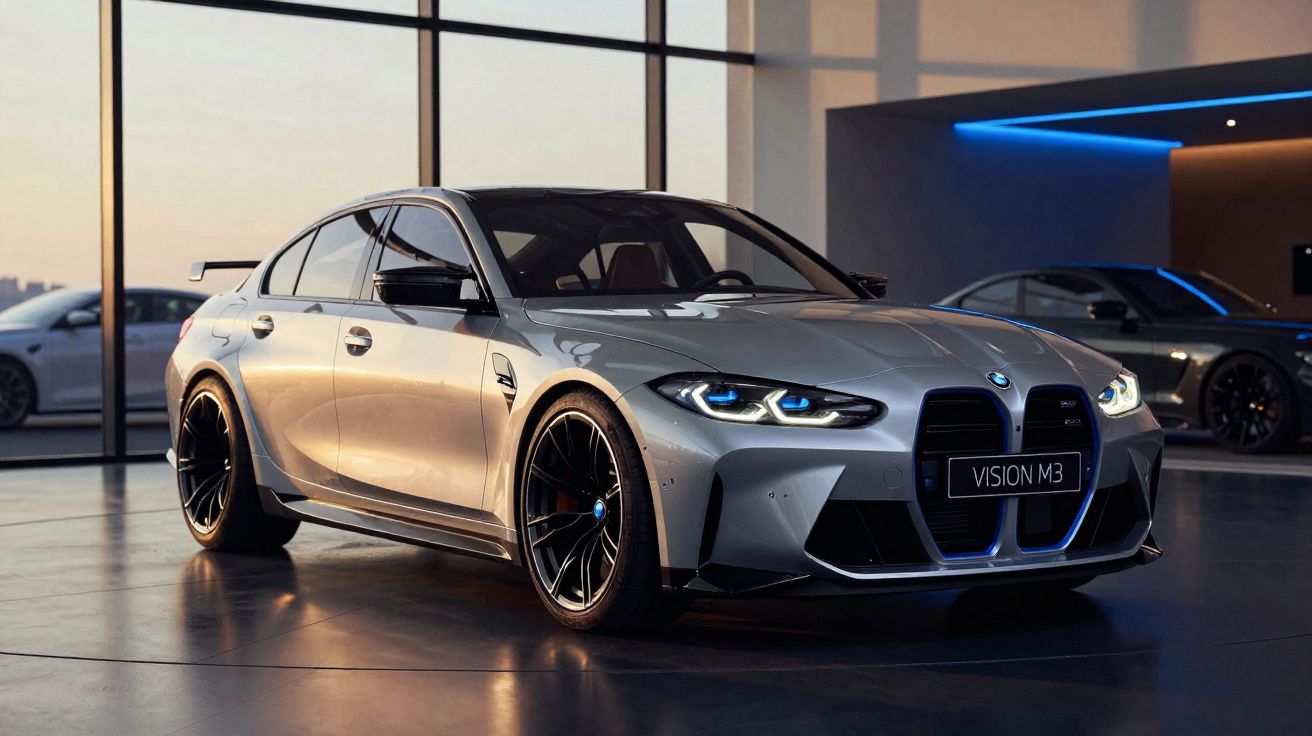 Carro esportivo BMW Vision M3 prata exibido em ambiente moderno com iluminação suave e reflexos no chão.