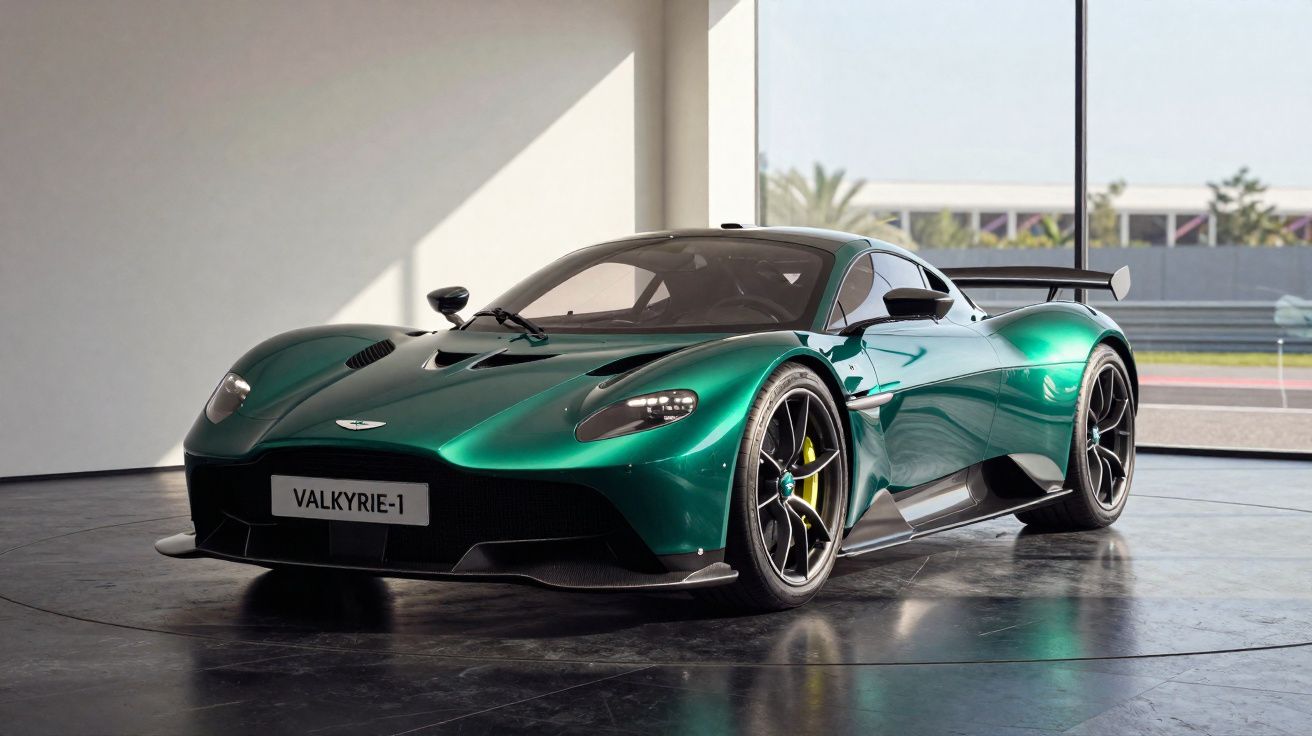 Carro esportivo verde metálico Aston Martin Valkyrie estacionado em ambiente fechado iluminado.