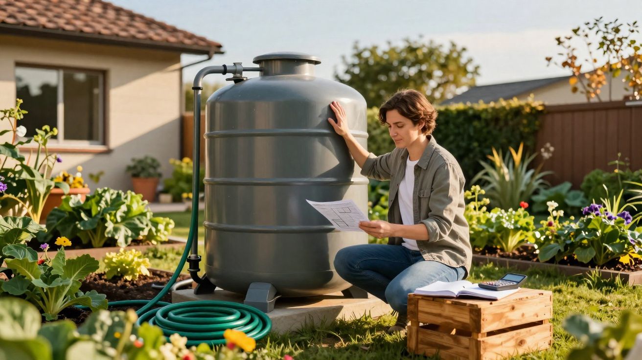 Pessoa sentada ao lado de um reservatório de água no jardim, lendo um papel, com plantas ao redor e caixa de madeira próxima.