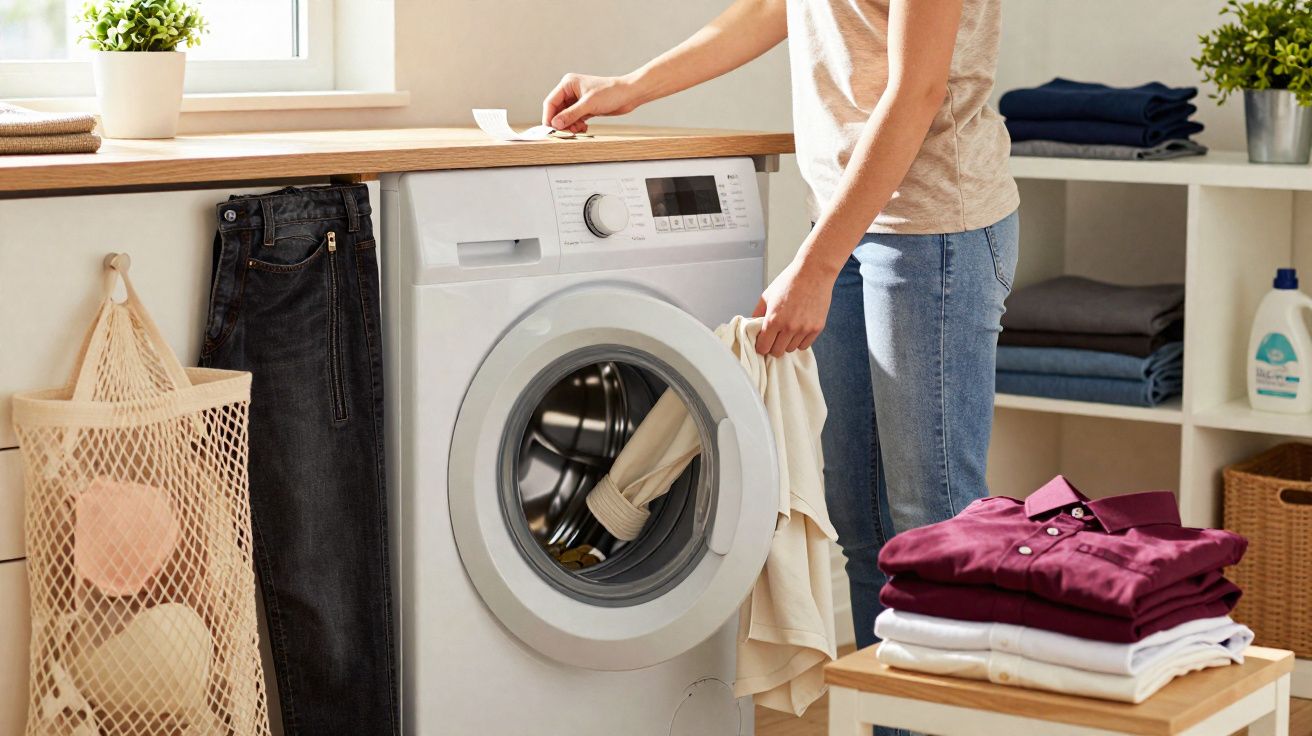Pessoa carregando roupa na lavadora de roupas branca em lavanderia organizada e iluminada.
