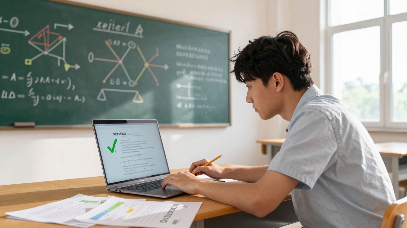 Estudante concentrado usando laptop e anotando em sala de aula com quadro negro ao fundo.