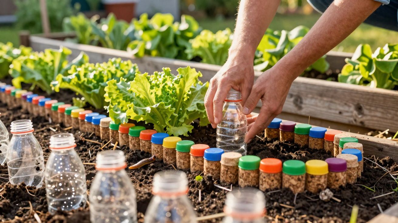 Mãos organizando garrafa de plástico entre fileira de vidrinhos coloridos em canteiro de hortaliças.