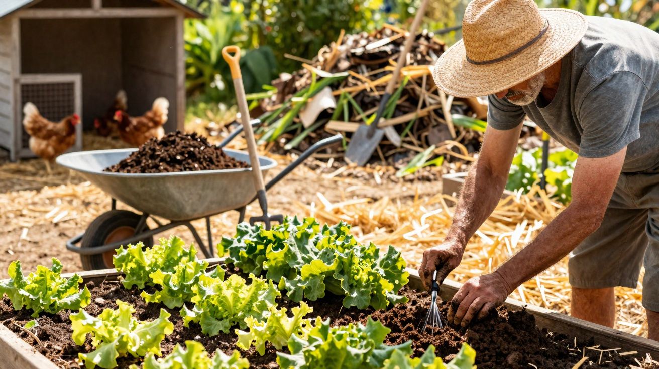 Homem com chapéu cuidando de alface em horta ao ar livre, perto de carro de mão e galinhas.