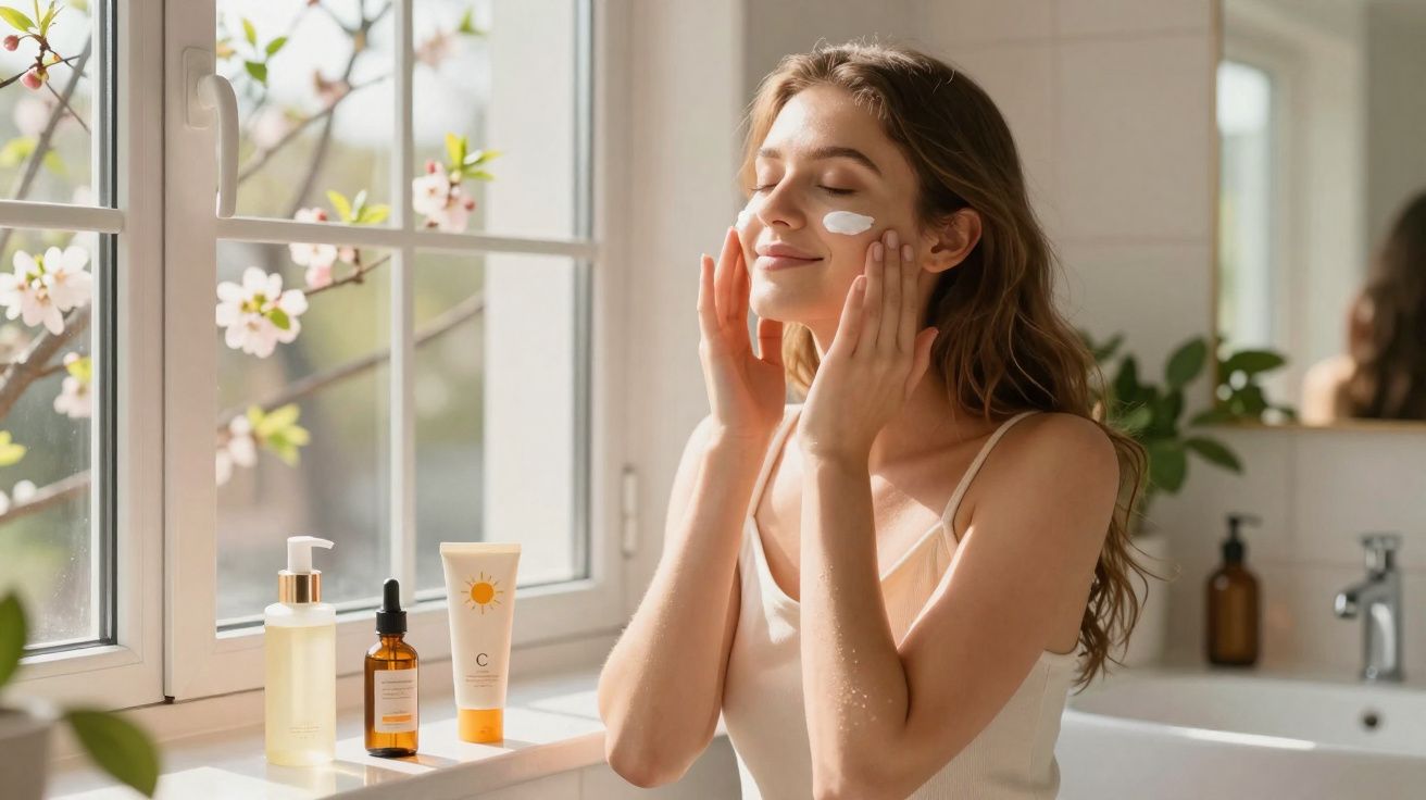 Mulher aplicando creme no rosto perto da janela com produtos de skincare em bancada iluminada.