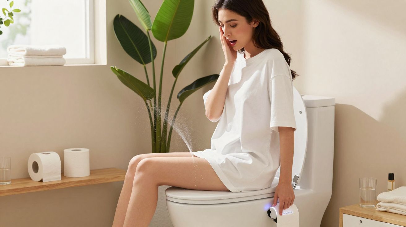 Mulher surpresa usando um bidê portátil em um banheiro iluminado com plantas e toalhas.