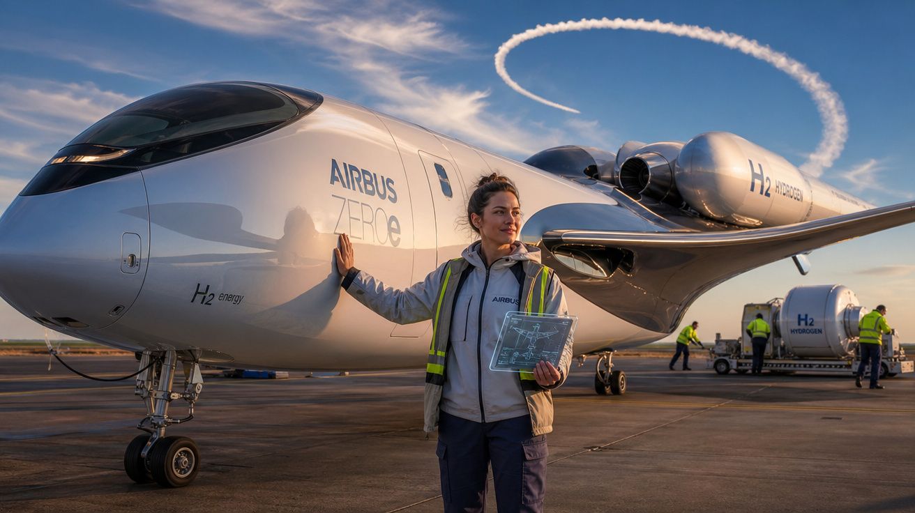 Mulher com colete refletivo ao lado de avião Airbus ZEROe movido a hidrogênio em pista ao pôr do sol.