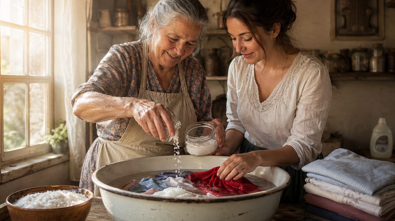 Idosa e mulher jovem lavando roupas coloridas em uma bacia, com janelas e prateleiras ao fundo.