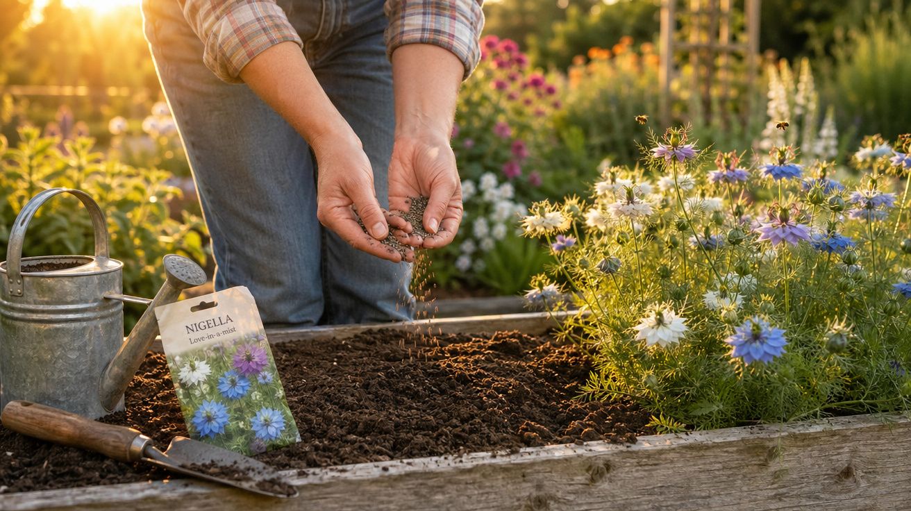 Pessoa sem rosto plantando sementes de flores Nigella em canteiro de jardim ao sol do fim da tarde.