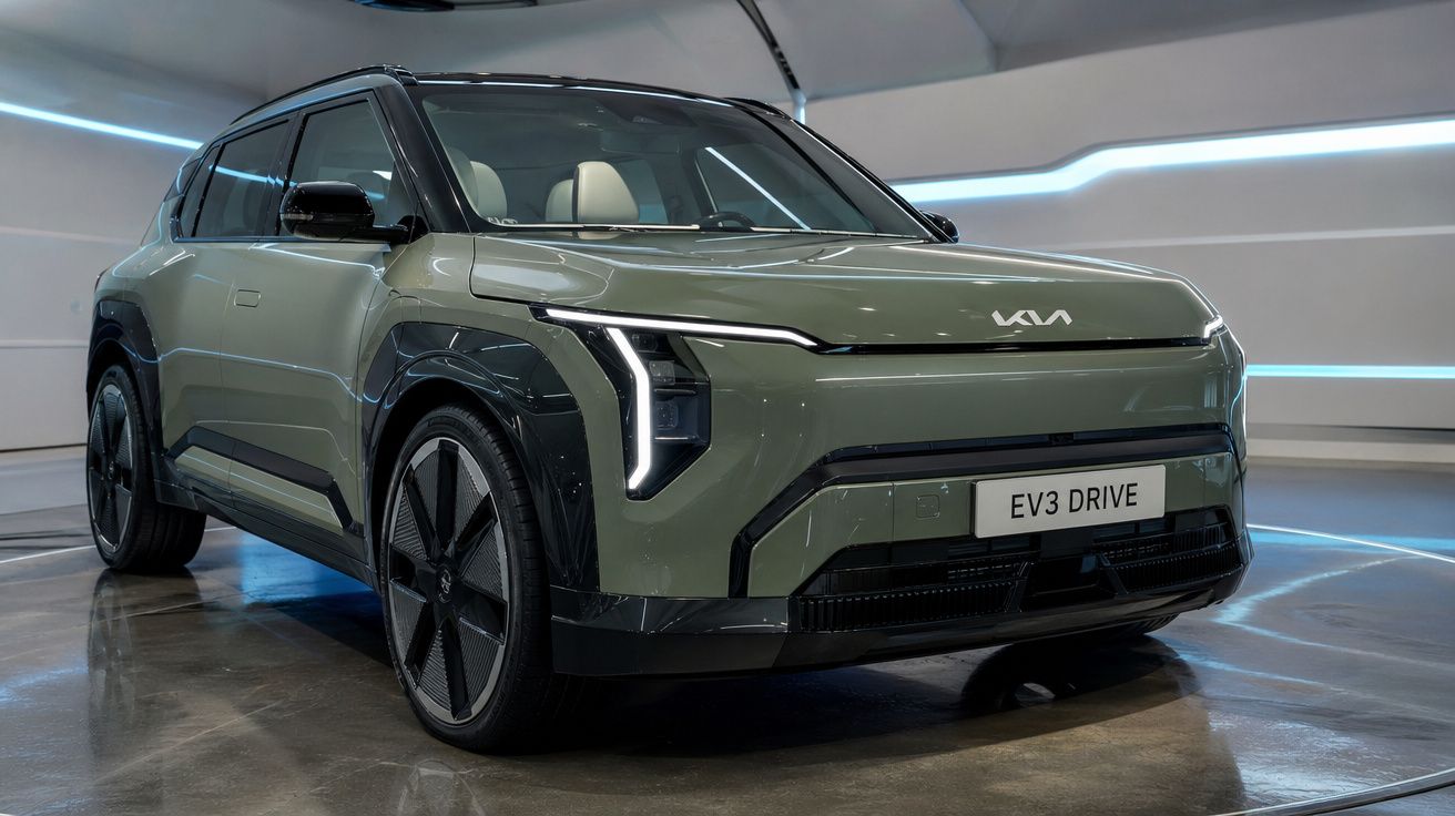 Carro elétrico SUV Kia EV3 Drive cinza em ambiente moderno com iluminação azul e branca.