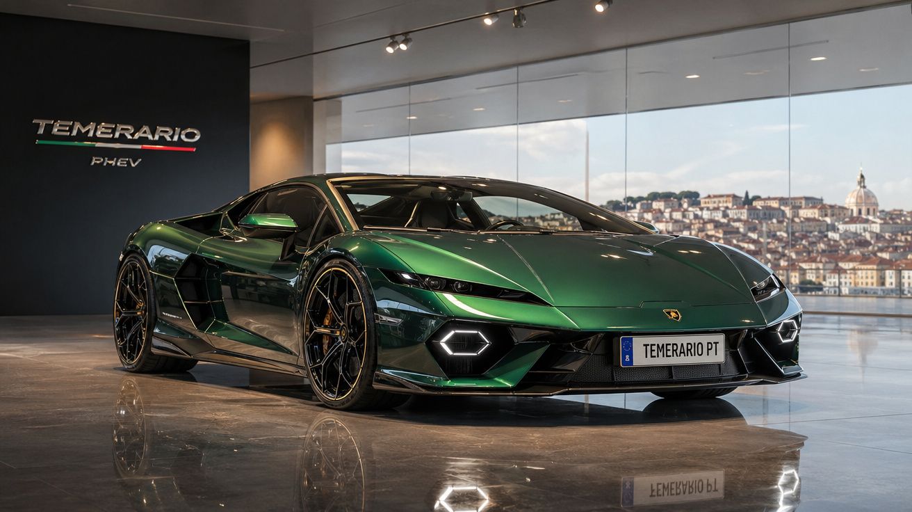 Carro esportivo verde metálico Lamborghini Temerarió PHEV em exposição com vista de cidade ao fundo.