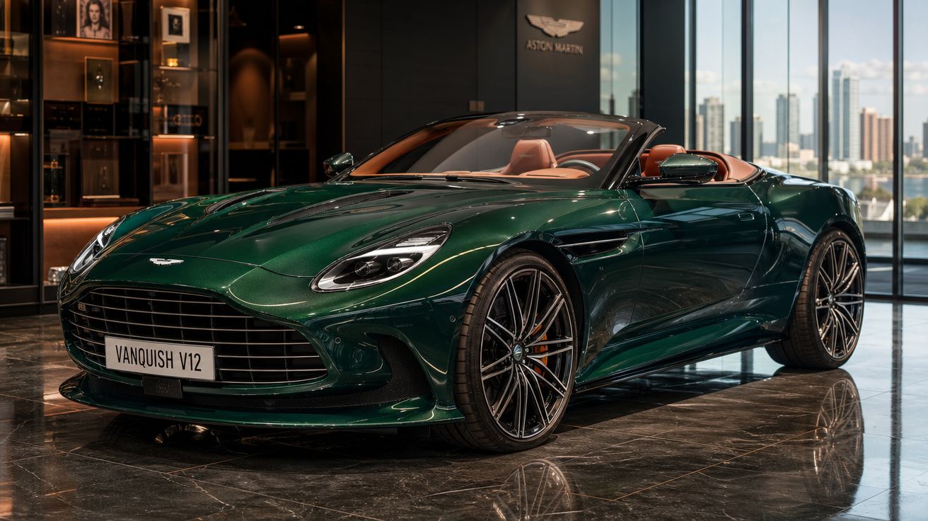 Carro esportivo conversível verde Aston Martin Vanquish V12 em showroom luxuoso com janelas amplas.