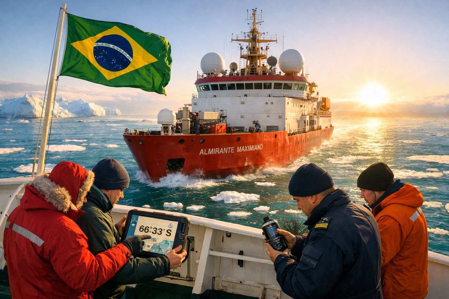 Tripulação brasileira em navio polar próximo ao navio Almirante Maximiano em águas geladas ao pôr do sol.