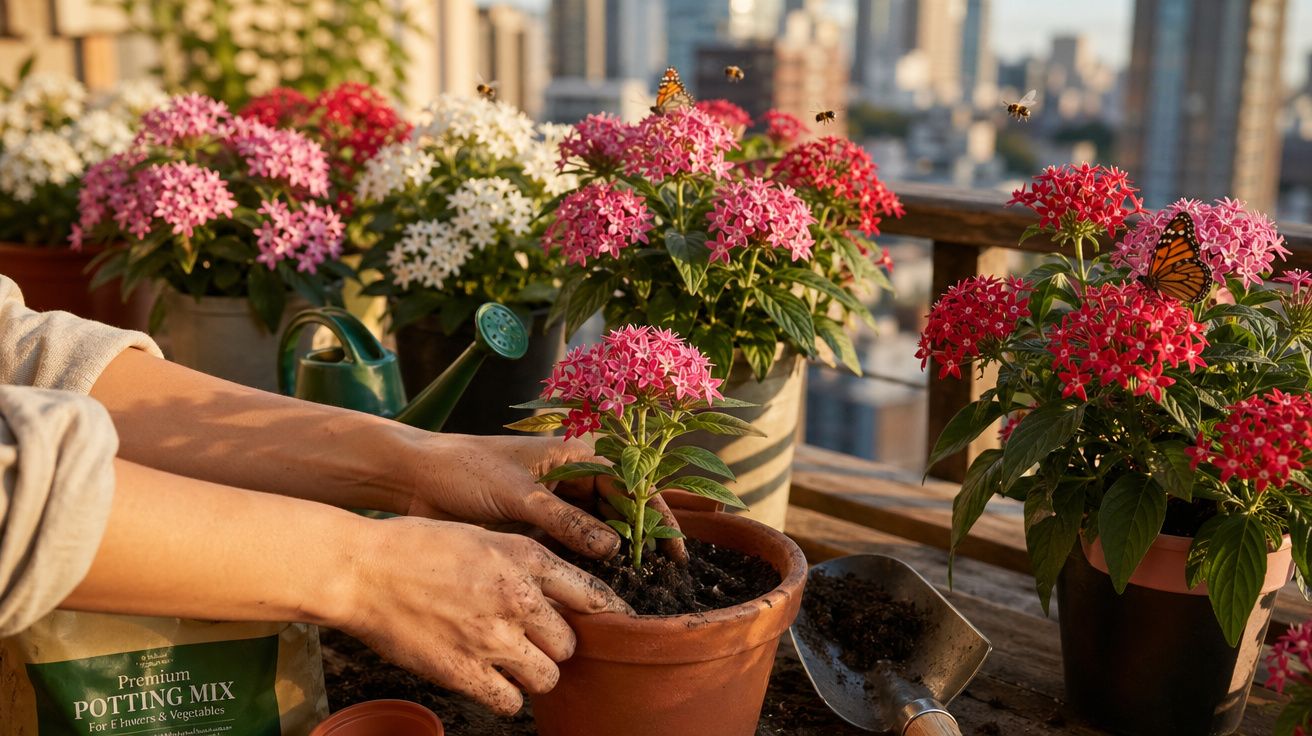 Mãos plantando flores rosas em vaso, cercadas por outras flores e borboletas em ambiente urbano.