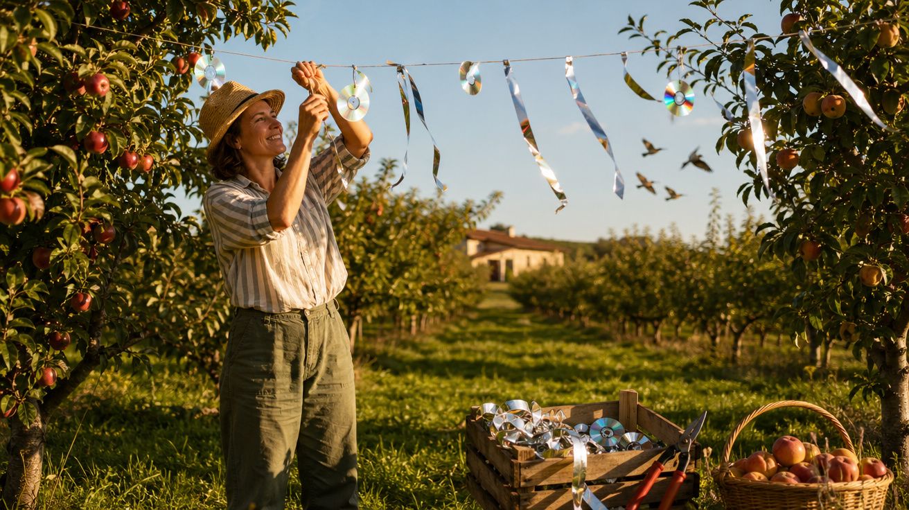 Mulher pendura CDs em uma corda entre macieiras em pomar ensolarado com cesta e caixa de maçãs.