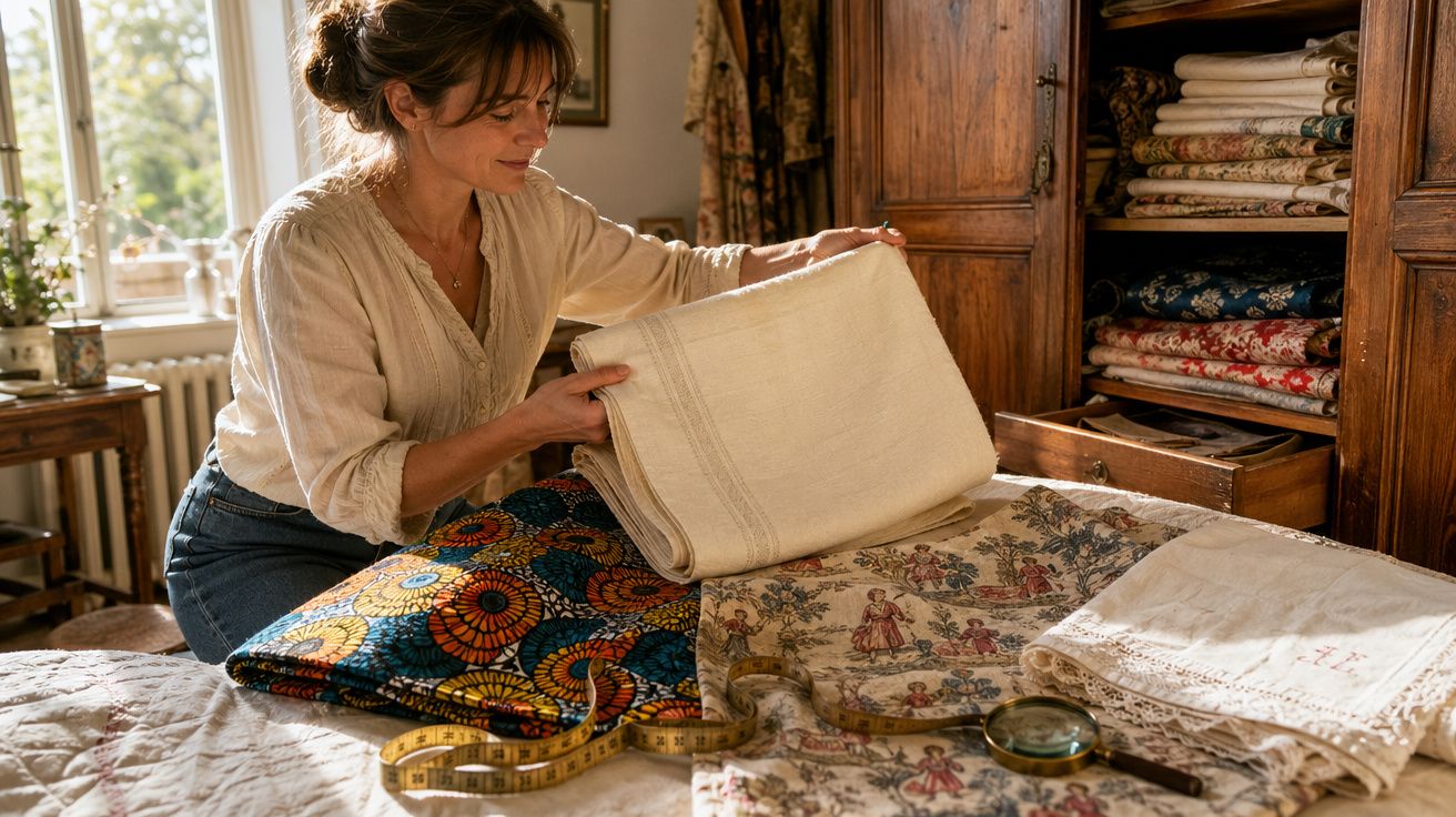 Mulher seleciona tecidos em mesa com fita métrica, lupa e armário cheio de panos ao fundo.