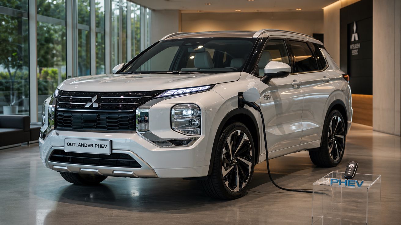 Carro SUV Mitsubishi Outlander PHEV branco carregando energia em showroom moderno.
