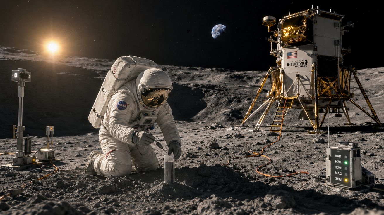 Astronauta coleta amostra do solo lunar próximo a módulo lunar com Terra ao fundo no espaço.